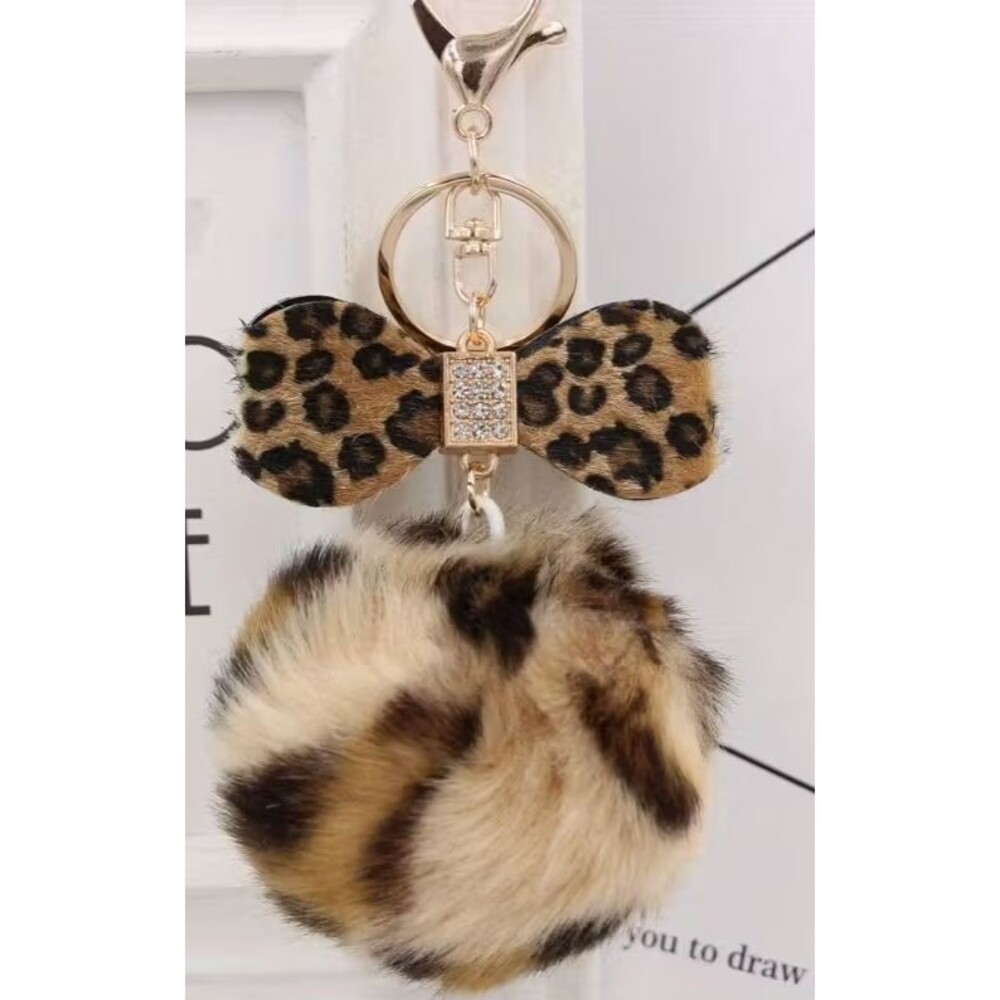 Leopard Print Bow w crystals &  Puff Ball  Bag Charm Keychain